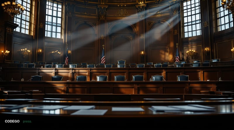 A cinematic editorial photograph of the United States Senate Banking Committee hearing room, showing the iconic curved dais w