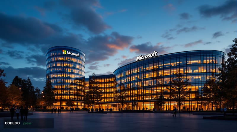 A cinematic editorial photograph showing the Microsoft headquarters campus in Redmond, Washington during golden hour, with th