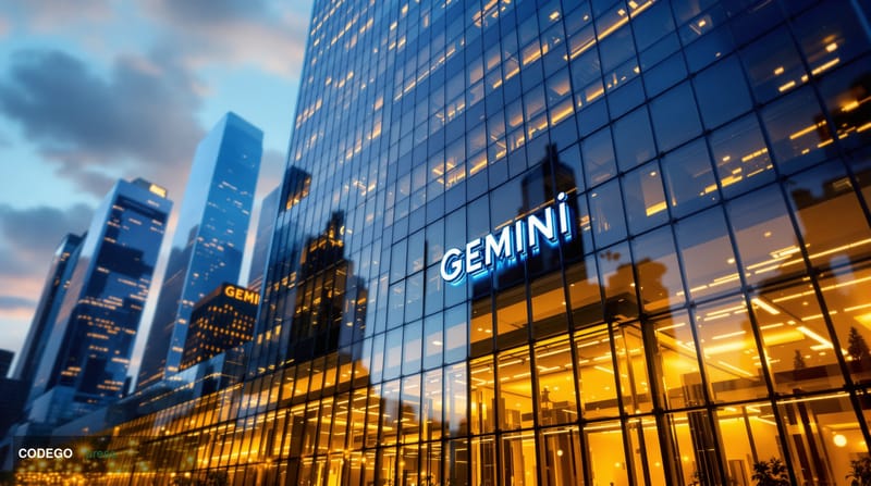 A photorealistic editorial photograph of Gemini's corporate headquarters exterior in New York City, showcasing the modern gla