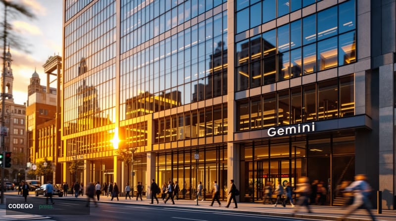 A photorealistic editorial photograph showing the exterior of Gemini's sleek corporate headquarters building in New York City