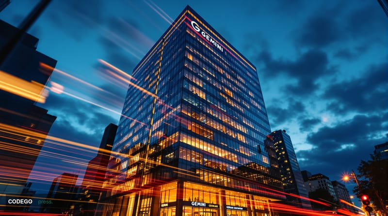 A dramatic cinematic photograph of the Gemini cryptocurrency exchange headquarters building in New York City, shot during gol