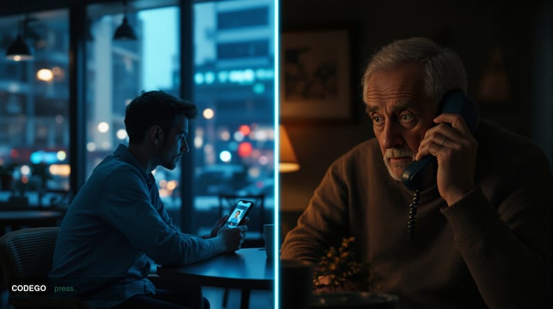 A dramatic split-screen editorial photograph showing the generational fraud divide in America. The left side shows a young pe