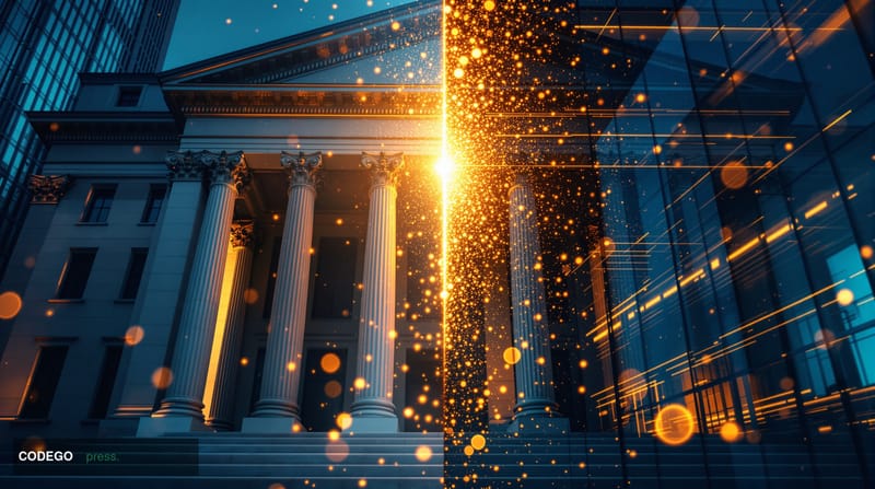 A dramatic split-screen composition showing the stark contrast between traditional banking and modern fintech. Left side: imp