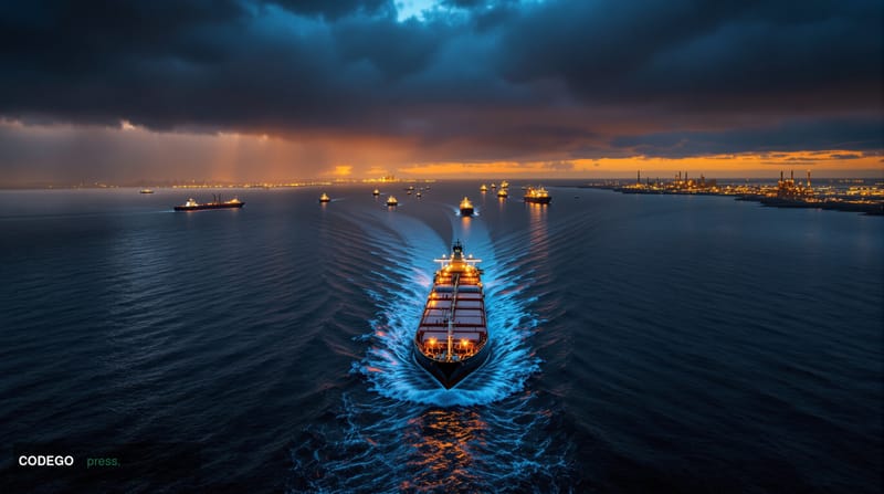A dramatic aerial view of oil tankers navigating through the Strait of Hormuz at dusk, with dark storm clouds gathering overh