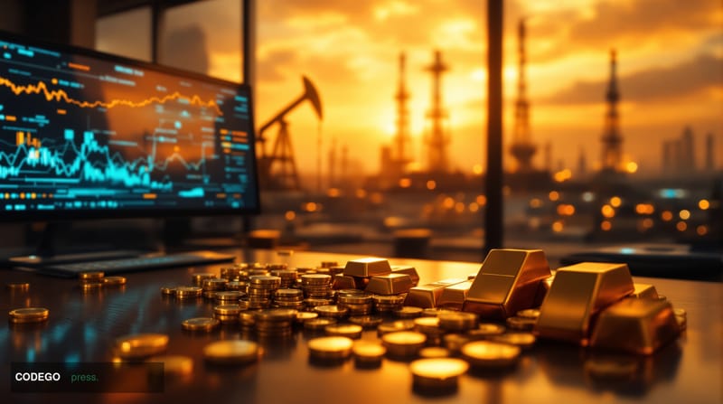 A cinematic editorial photograph capturing the dramatic intersection of geopolitical tension and commodity markets. The foreg