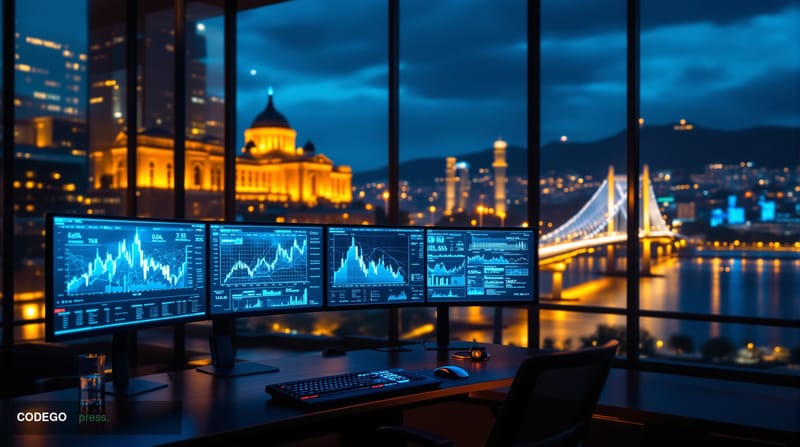 A dramatic editorial photograph showcasing the Georgian government's digital currency initiative, featuring the iconic modern