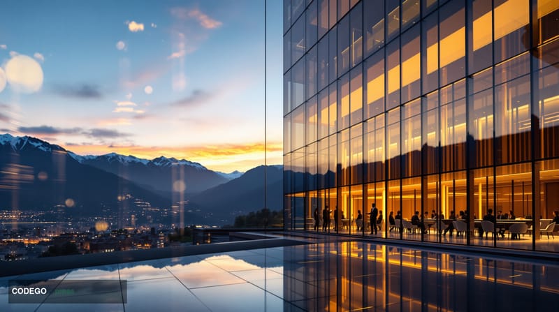 A photorealistic editorial photograph showcasing the Georgian Parliament building in Tbilisi with its distinctive modern glas