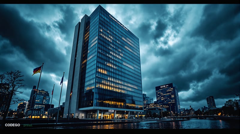 A striking photorealistic editorial photograph capturing the intersection of German economic power and geopolitical uncertain