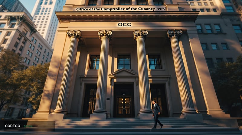 A photorealistic editorial photograph showing the imposing neoclassical facade of the Office of the Comptroller of the Curren