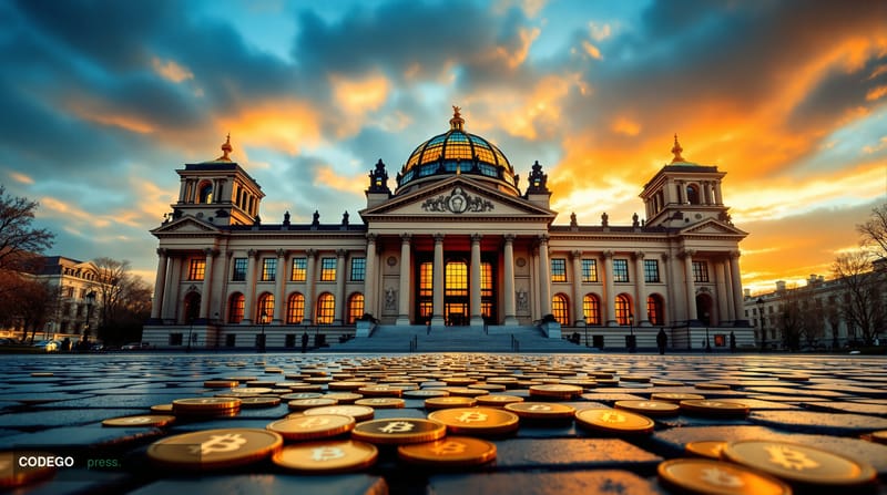 A cinematic editorial photograph of the German Bundestag building in Berlin during golden hour, shot from a low angle to emph