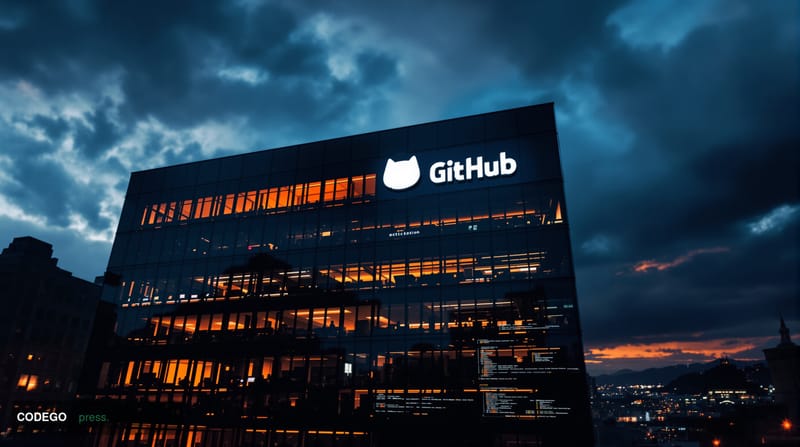 A dramatic photorealistic editorial photograph showing the GitHub headquarters building in San Francisco at dusk, with the di