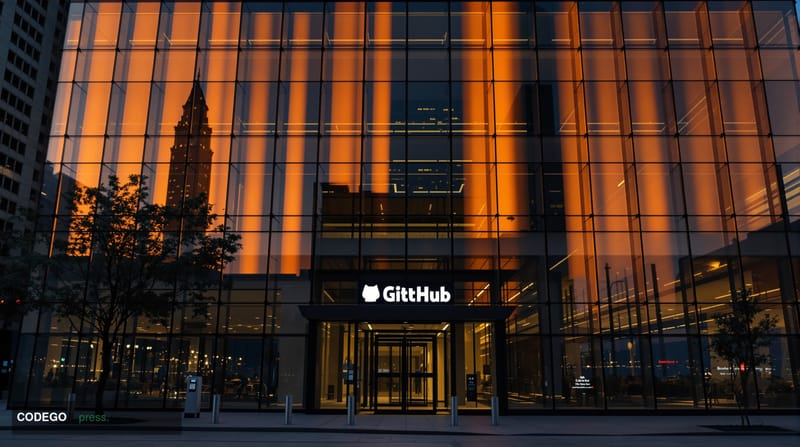 A dramatic wide-angle photograph of GitHub's modern San Francisco headquarters at 88 Colin P Kelly Jr Street, captured during