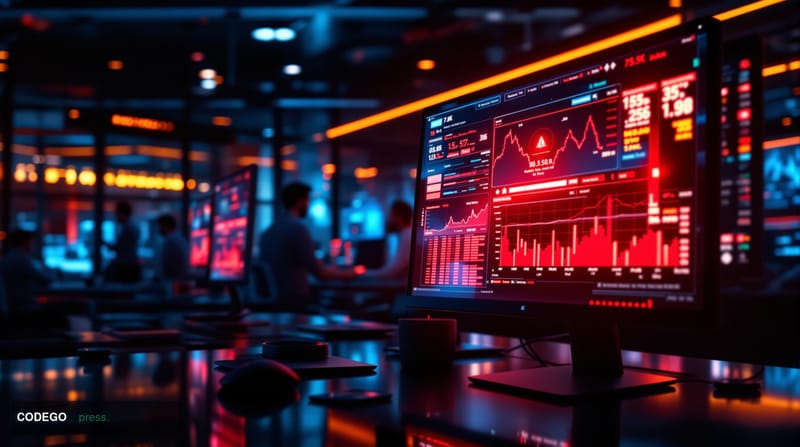 A cinematic editorial photograph capturing the stark reality of cryptocurrency security breaches in a modern fintech environm