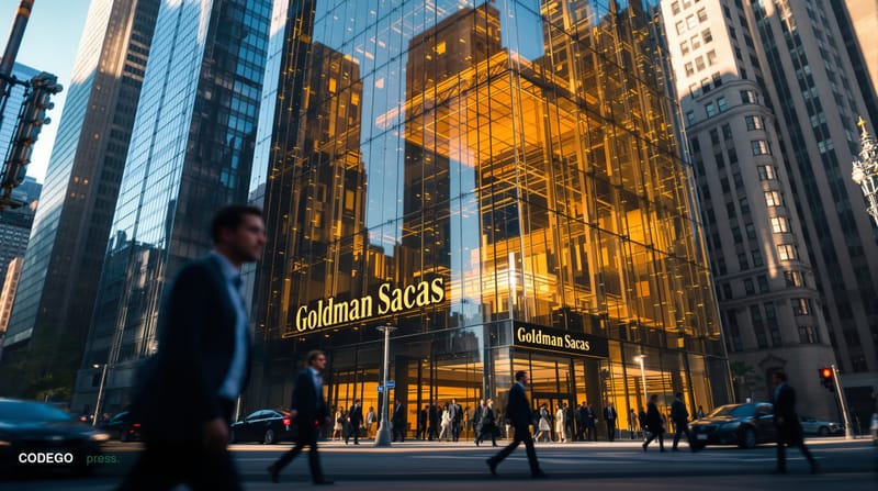 A photorealistic editorial photograph showing the imposing glass facade of Goldman Sachs headquarters at 200 West Street in L
