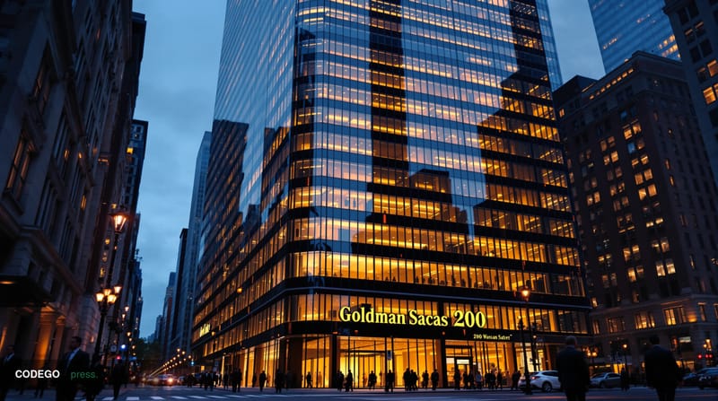 A photorealistic editorial photograph of Goldman Sachs' iconic 200 West Street headquarters in Lower Manhattan at dusk, captu