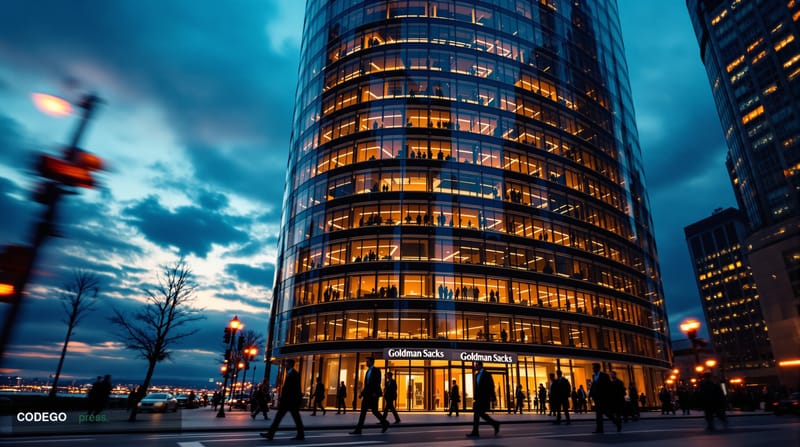 A cinematic editorial photograph of Goldman Sachs' iconic headquarters at 200 West Street in Lower Manhattan, shot from a low