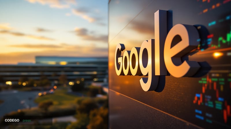 A photorealistic 8K editorial photograph showing Google's Mountain View headquarters exterior with its iconic colorful logo s