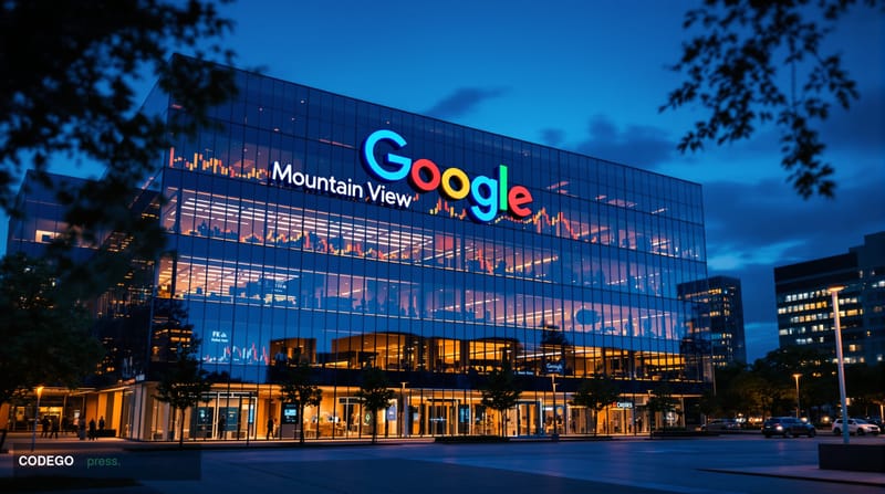 A dramatic cinematic photograph of Google's Mountain View headquarters campus exterior at dusk, with the iconic colorful Goog