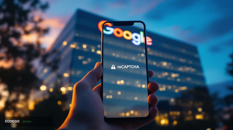 A dramatic editorial photograph showing a smartphone with a privacy-focused interface being held in front of a massive Google