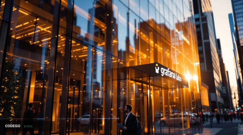 Photorealistic editorial photograph of Grafana Labs' New York headquarters building exterior during golden hour, with warm am