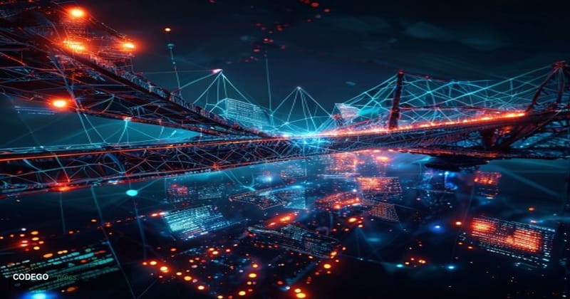 A dramatic cinematic photograph of a futuristic digital bridge structure spanning across a dark void, with glowing cryptocurr
