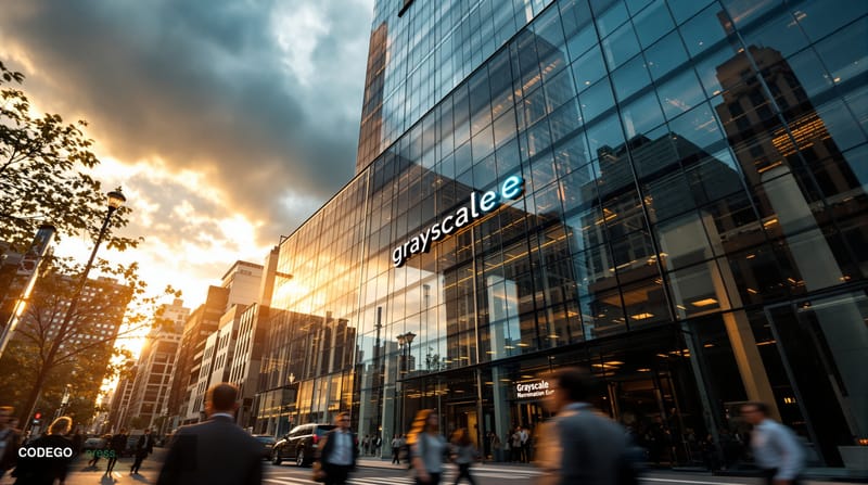 A cinematic editorial photograph showcasing Grayscale's headquarters in New York City, shot from a low angle perspective look