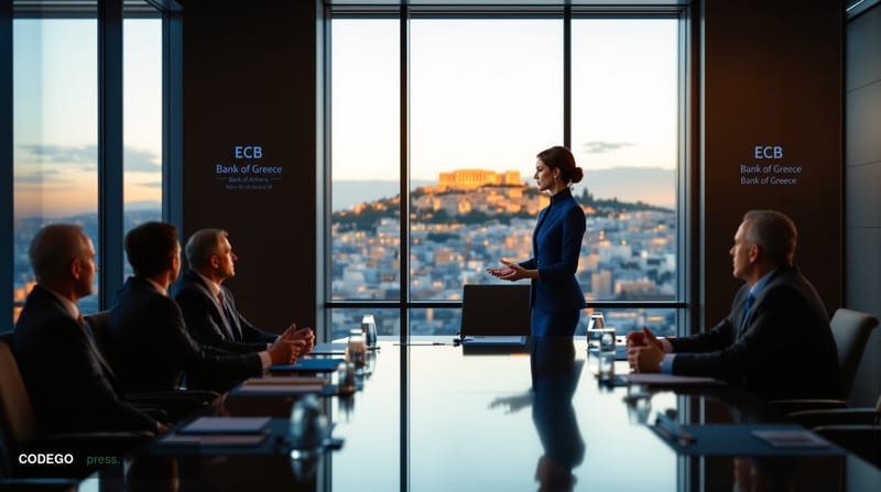 A sophisticated boardroom scene in Athens showing a professional woman in business attire delivering a presentation to seated