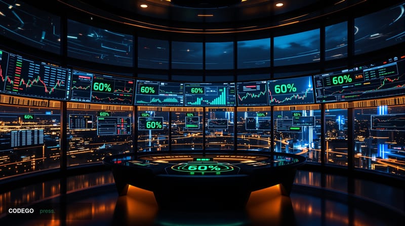 A photorealistic editorial photograph showing a high-tech trading floor bathed in dramatic chiaroscuro lighting, with multipl