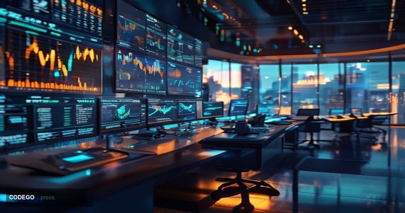 A cinematic editorial photograph capturing the intersection of artificial intelligence and cryptocurrency markets, featuring 