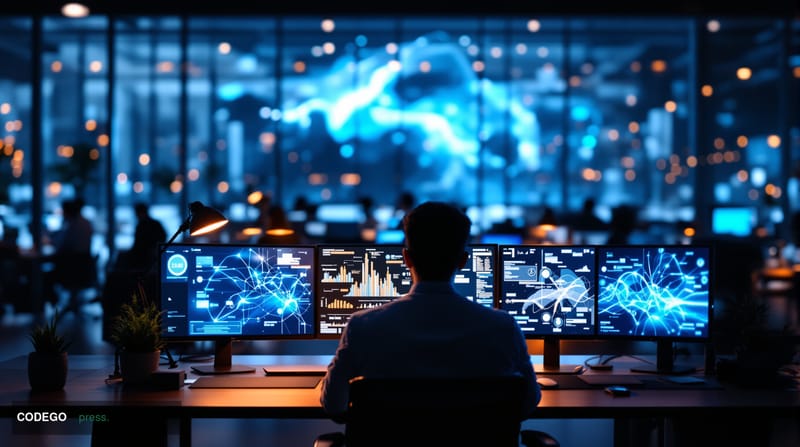 A cinematic editorial photograph of a modern tech workspace featuring multiple large monitors displaying code interfaces and 