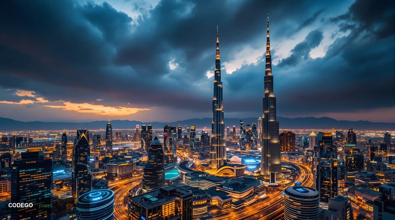 A dramatic aerial view of Dubai's Financial District skyline at dusk, with the iconic Burj Khalifa and Emirates Towers promin