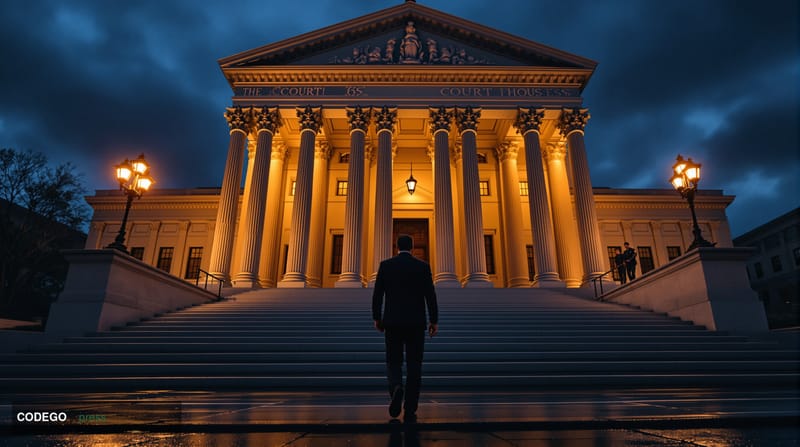A dramatic photorealistic editorial photograph showing a dimly lit federal courthouse exterior at dusk, with imposing neoclas