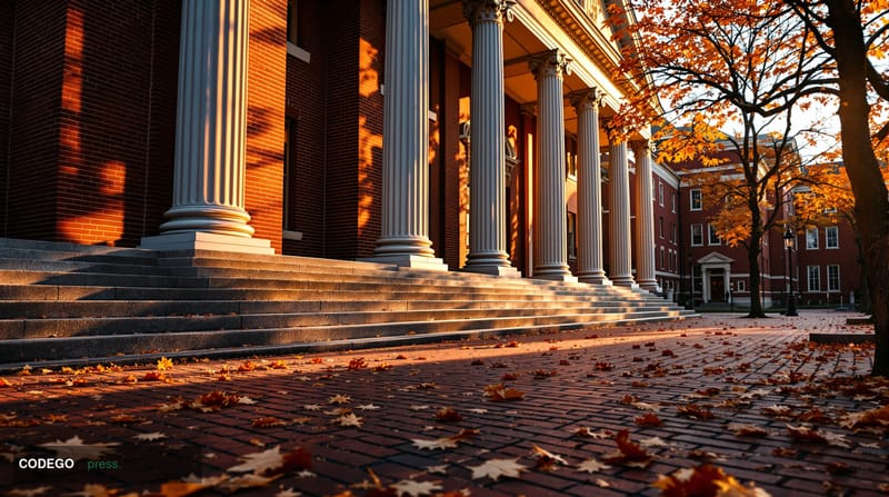 A photorealistic editorial photograph of Harvard University's iconic Widener Library facade in Cambridge, Massachusetts, shot