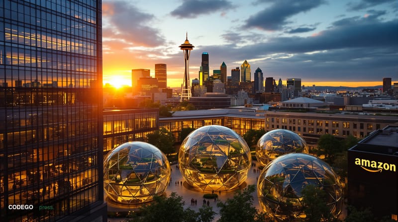 A dramatic aerial view of Amazon's sprawling corporate headquarters in Seattle, Washington, with the iconic Amazon Spheres pr