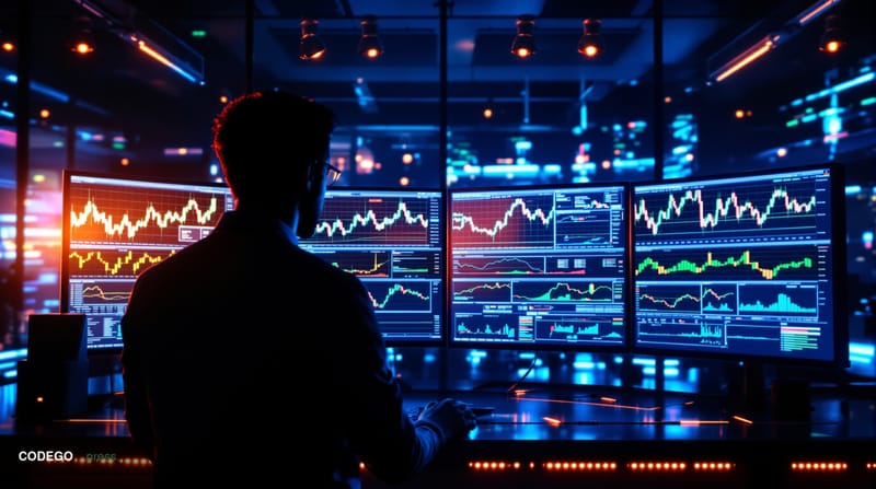 A photorealistic editorial photograph showing a modern cryptocurrency trading floor or high-tech trading workspace, with mult
