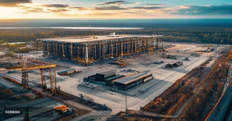 A sweeping aerial view of a massive industrial construction site in Ontario, Canada, featuring the foundations and steel fram