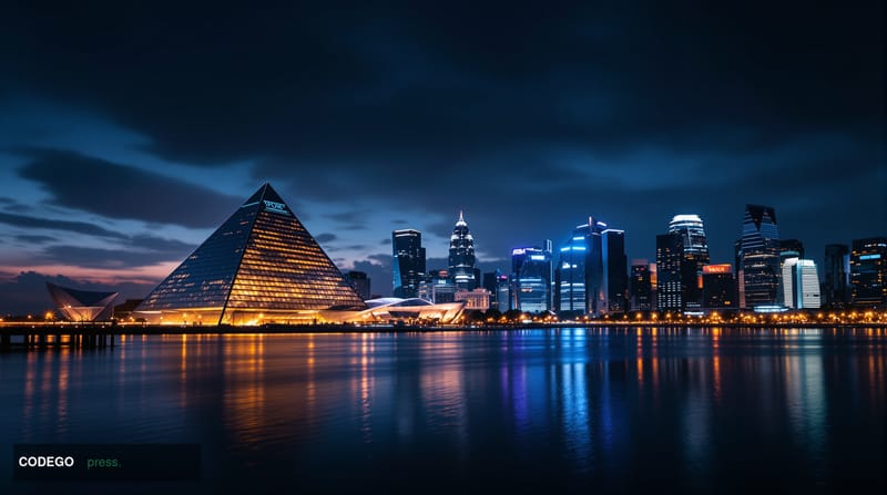 A dramatic cinematic photograph of Singapore's financial district at dusk, with the iconic Marina Bay Sands and modern skyscr