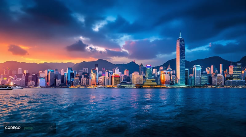 A cinematic editorial photograph showcasing Hong Kong's iconic skyline at dusk, with the gleaming towers of Central district'