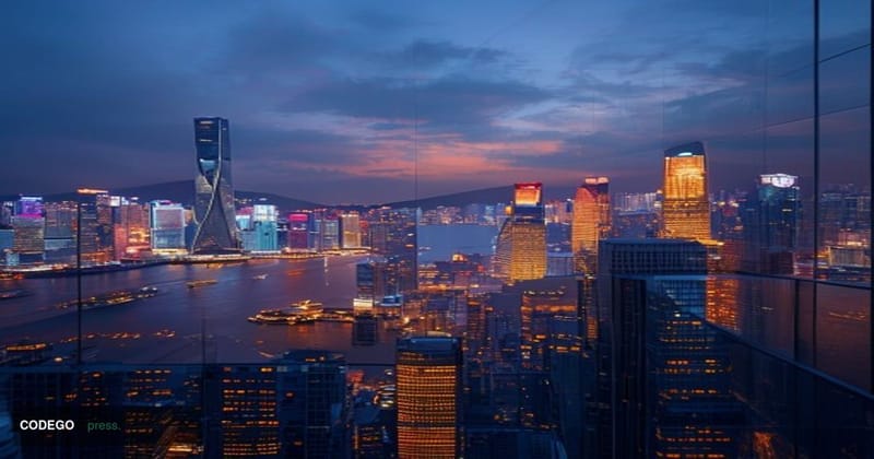 A cinematic editorial photograph of Hong Kong's iconic skyline at dusk, featuring the recognizable International Finance Cent