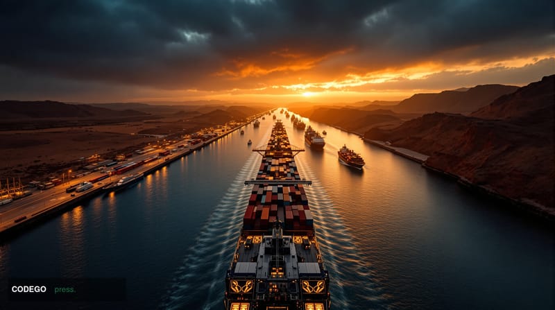 A dramatic aerial view of the Strait of Hormuz at dusk, showing multiple cargo vessels anchored or slowly moving through the 