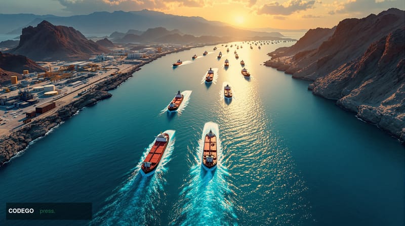 A dramatic aerial view of oil tankers navigating through the narrow Strait of Hormuz at golden hour, with the rocky coastline