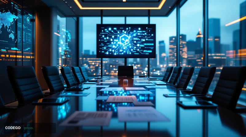 A cinematic editorial photograph capturing Charles Hoskinson's governance review in a modern corporate boardroom environment.