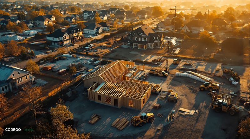 A photorealistic aerial view of a partially constructed suburban housing development in the United States, showing multiple s