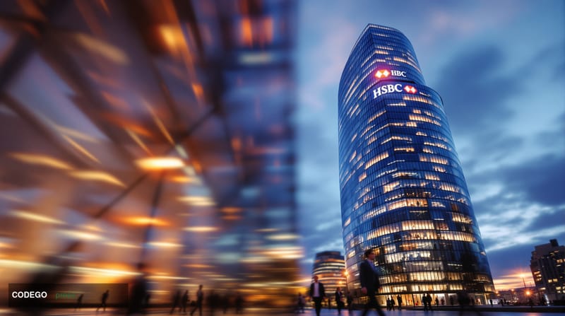 A photorealistic editorial photograph capturing HSBC's London headquarters at 8 Canada Square in Canary Wharf, shot from a lo