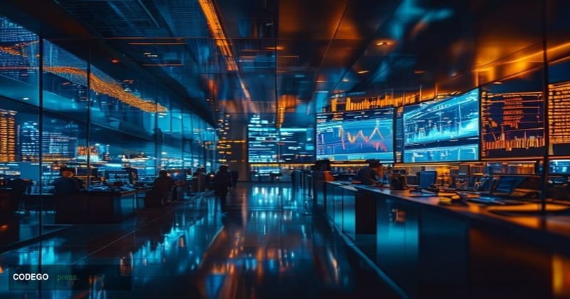 A dramatic editorial photograph of a modern cryptocurrency exchange trading floor with multiple large monitors displaying HTX