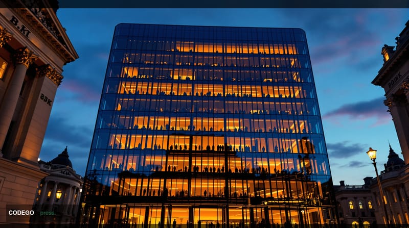 A dramatic editorial photograph showing the modern glass facade of a cryptocurrency exchange headquarters building at dusk, w