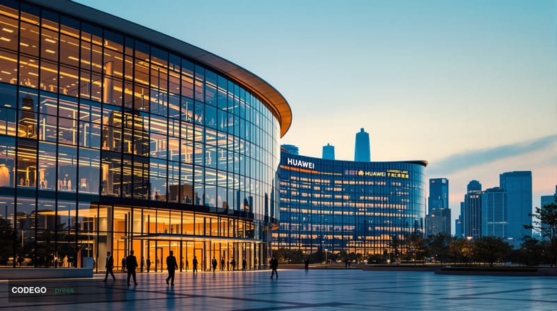 A dramatic editorial photograph of Huawei's Lianqiu Lake Campus in Shenzhen, China, captured during golden hour with warm amb