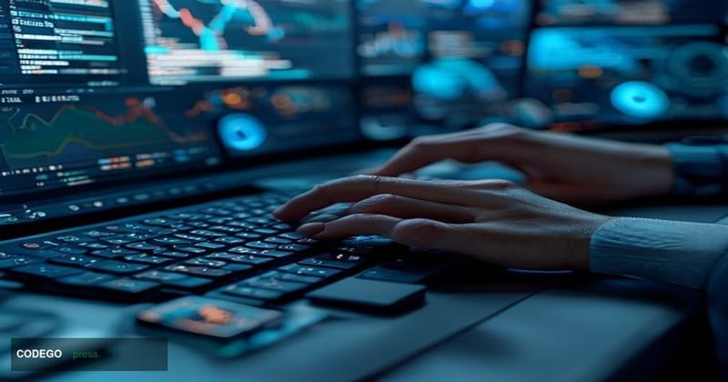 A close-up overhead shot of a frustrated cryptocurrency trader's hands hovering over a mechanical keyboard, with a single fin