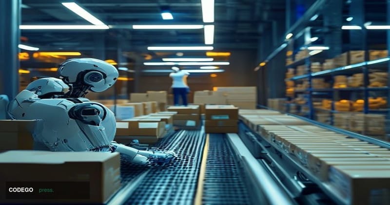 A cinematic editorial photograph capturing the dramatic conclusion of the "Man vs. Machine" challenge in Figure AI's testing 