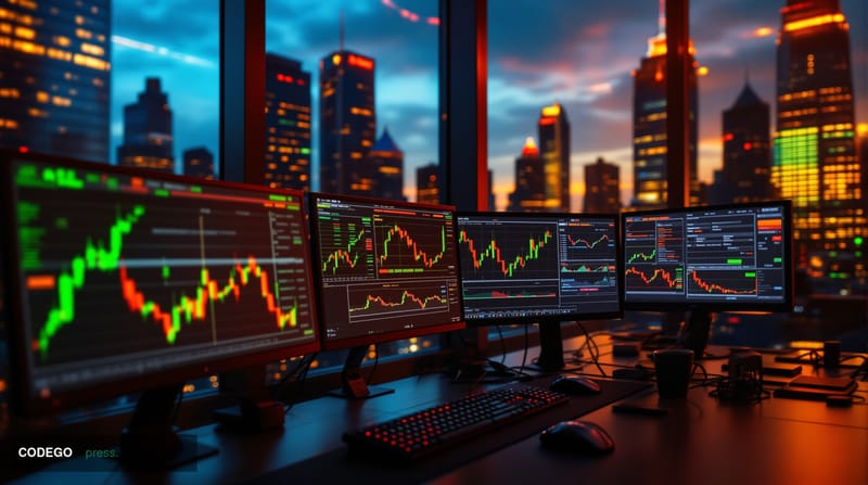 A cinematic editorial photograph showing a modern trading floor or financial district at dusk, with warm amber lighting from 